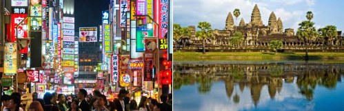Tokyo, Japan and Angkor Wat in Cambodia