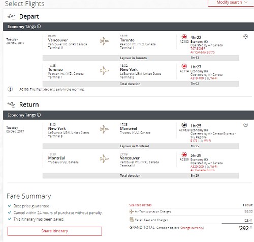 $292 CAD roundtrip including taxes 